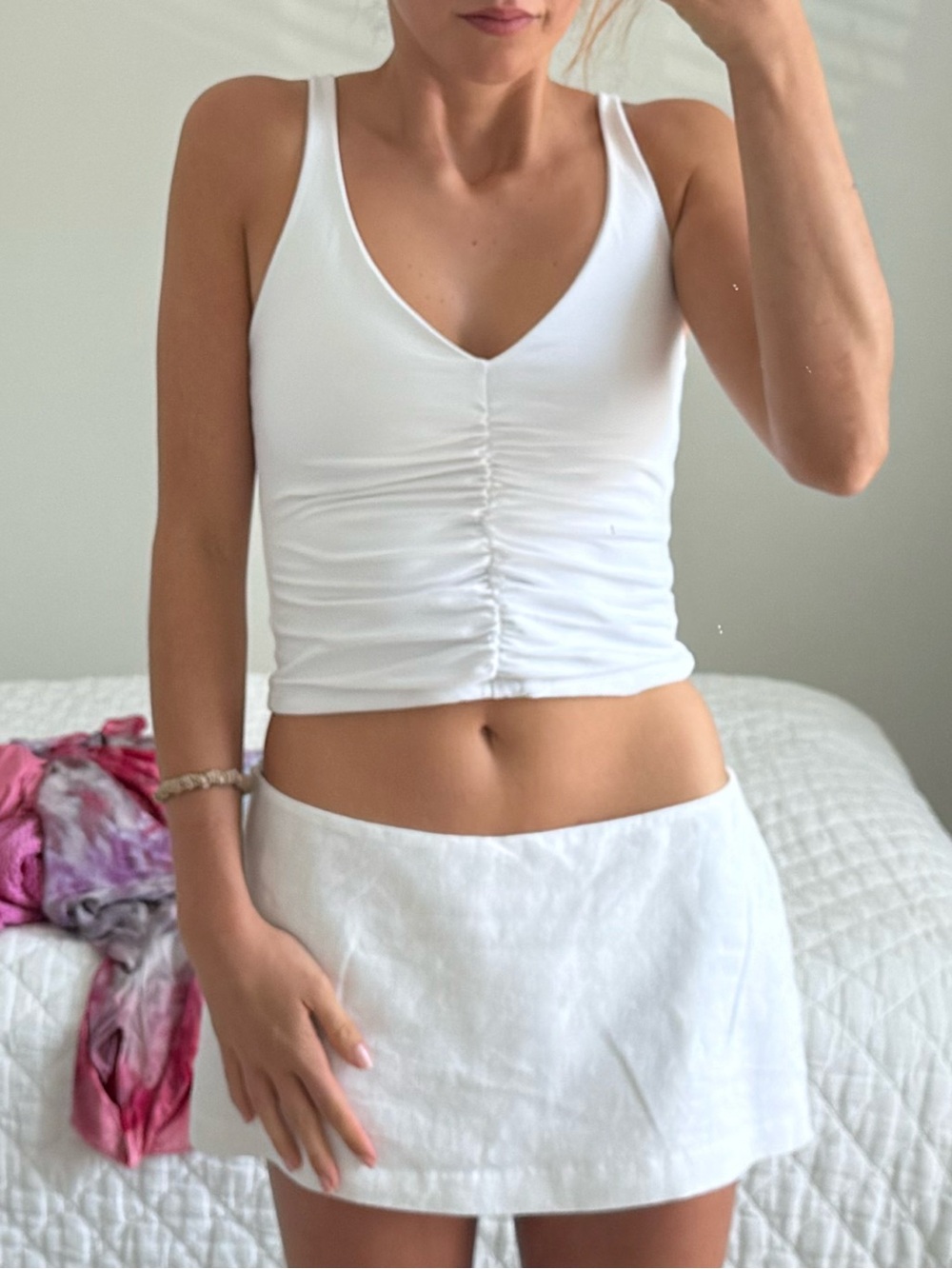 Susana Monaco White Ruched Crop Tank